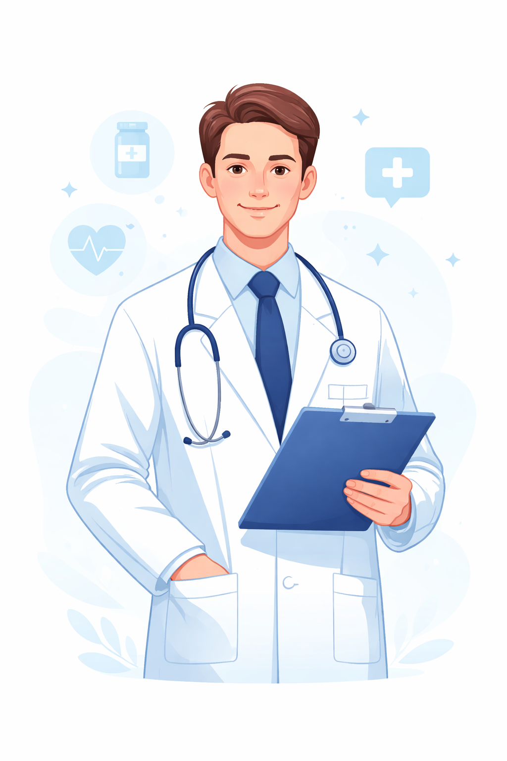 friendly doctor with clipboard and stethoscope